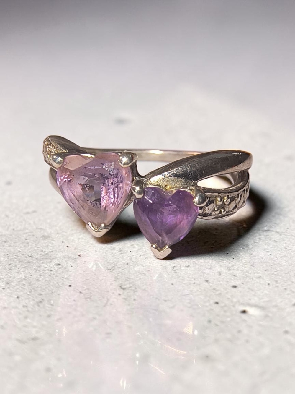 Vintage Sterling Silver Double Heart Amethyst Ring - Lavender & Purple
